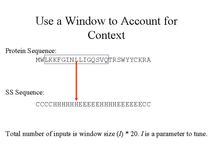 Use a Window to Account for Context Protein Sequence: MWLKKFGINLLIGQSVQTRSWYYCKRA SS Sequence: CCCCHHHHHHEEEEEECC Total