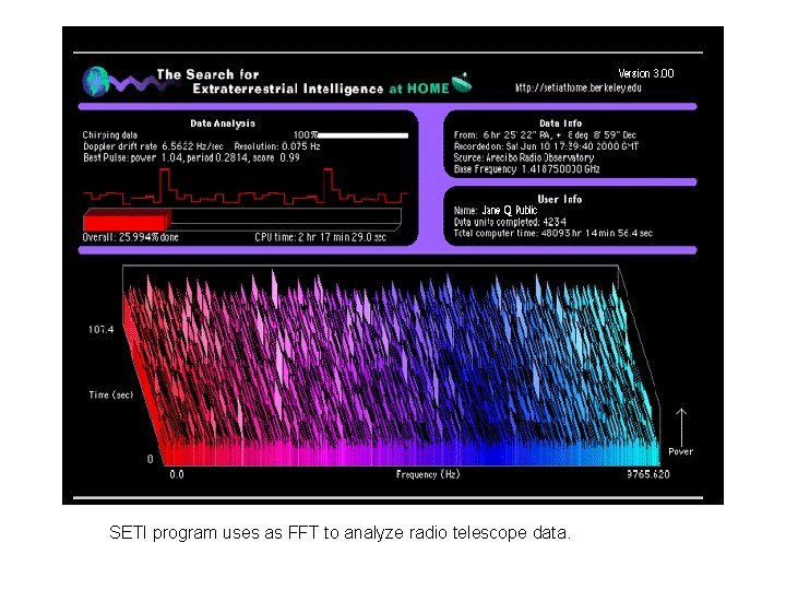 Vibrationdata SETI program uses as FFT to analyze radio telescope data. 