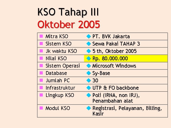 KSO Tahap III Oktober 2005 n n n n n Mitra KSO Sistem KSO