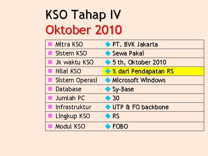 KSO Tahap IV Oktober 2010 n n n n n Mitra KSO Sistem KSO