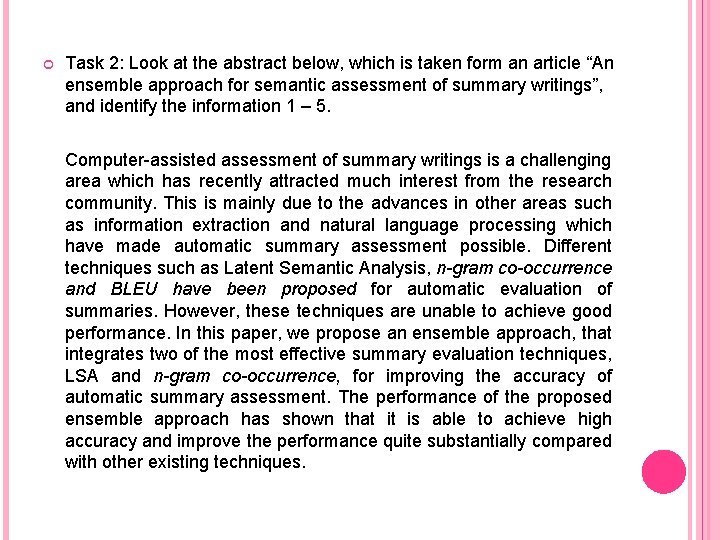  Task 2: Look at the abstract below, which is taken form an article