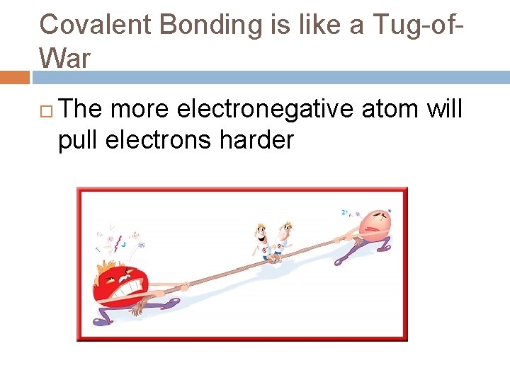 Covalent Bonding is like a Tug-of. War The more electronegative atom will pull electrons