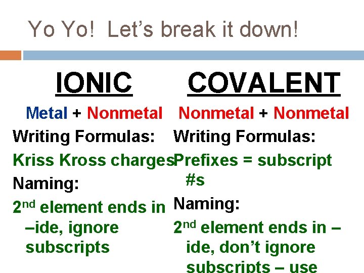 Yo Yo! Let’s break it down! IONIC COVALENT Metal + Nonmetal Writing Formulas: Kriss