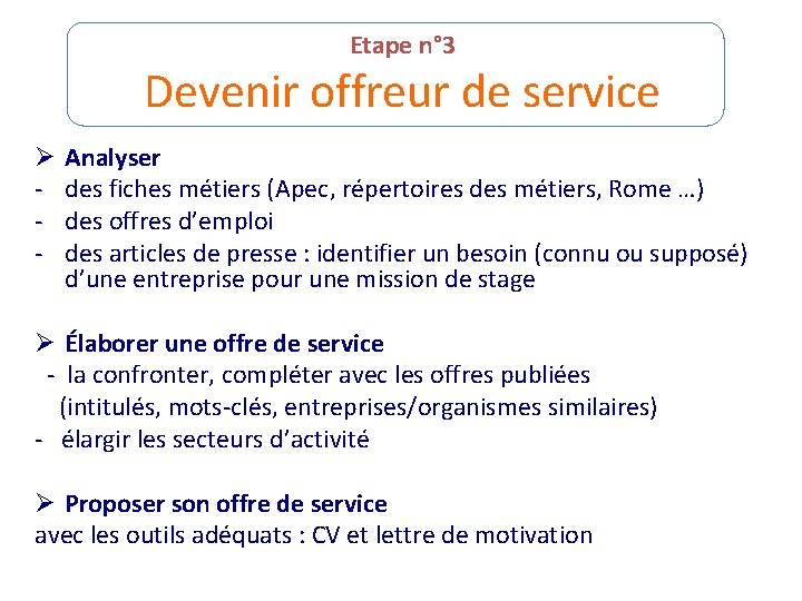 Etape n° 3 Devenir offreur de service Ø - Analyser des fiches métiers (Apec,