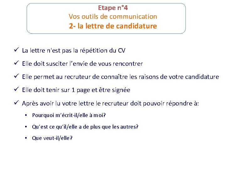 Etape n° 4 Vos outils de communication 2 - la lettre de candidature ü