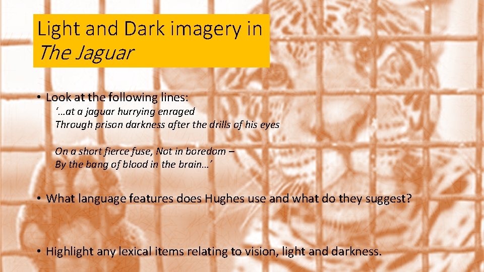 Light and Dark imagery in The Jaguar • Look at the following lines: ‘…at