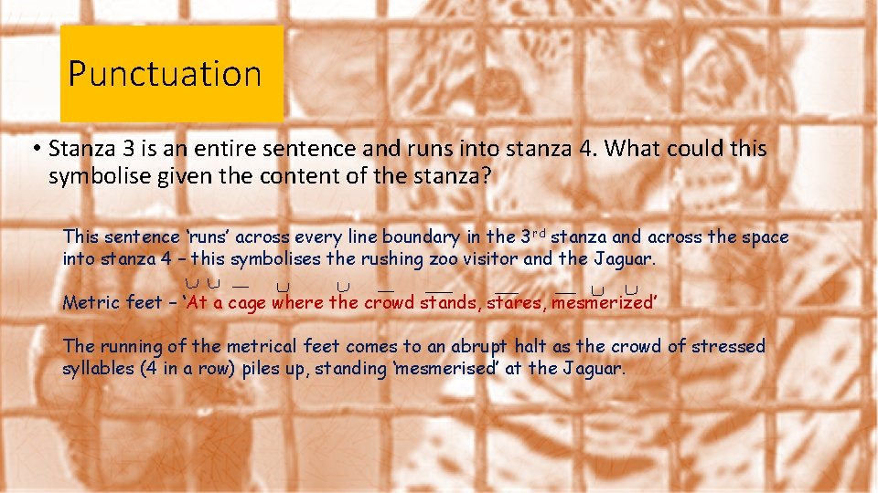 Punctuation • Stanza 3 is an entire sentence and runs into stanza 4. What