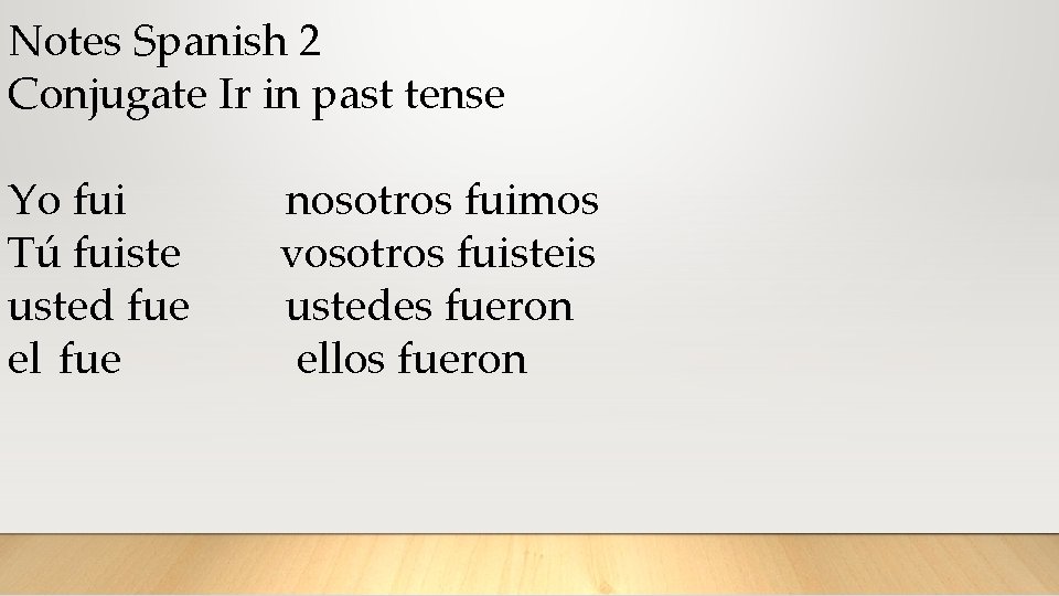 Notes Spanish 2 Conjugate Ir in past tense Yo fui Tú fuiste usted fue
