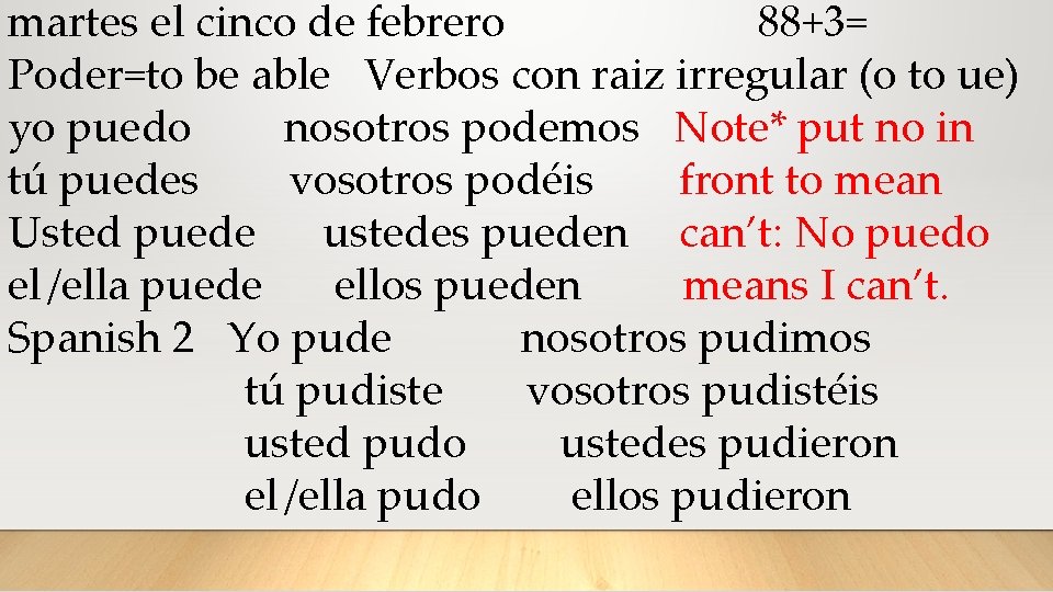 martes el cinco de febrero 88+3= Poder=to be able Verbos con raiz irregular (o