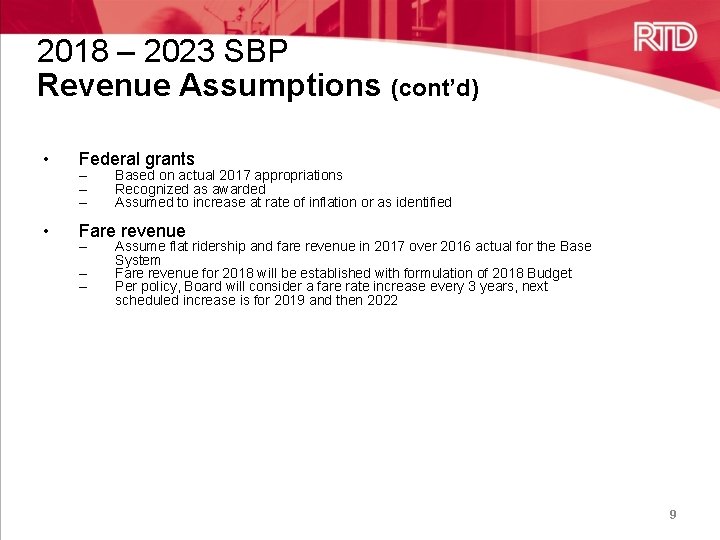 2018 – 2023 SBP Revenue Assumptions (cont’d) • Federal grants • Fare revenue –
