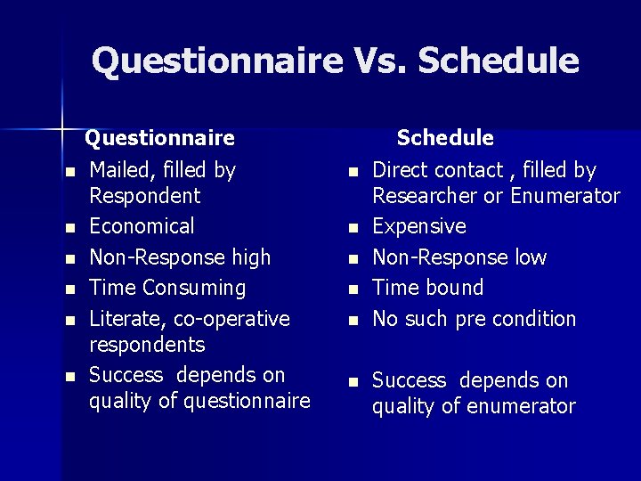 Questionnaire Vs. Schedule n n n Questionnaire Mailed, filled by Respondent Economical Non-Response high