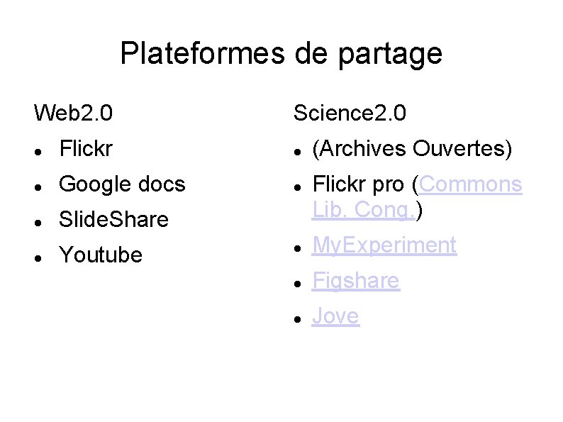 Plateformes de partage Web 2. 0 Science 2. 0 Flickr Google docs Slide. Share