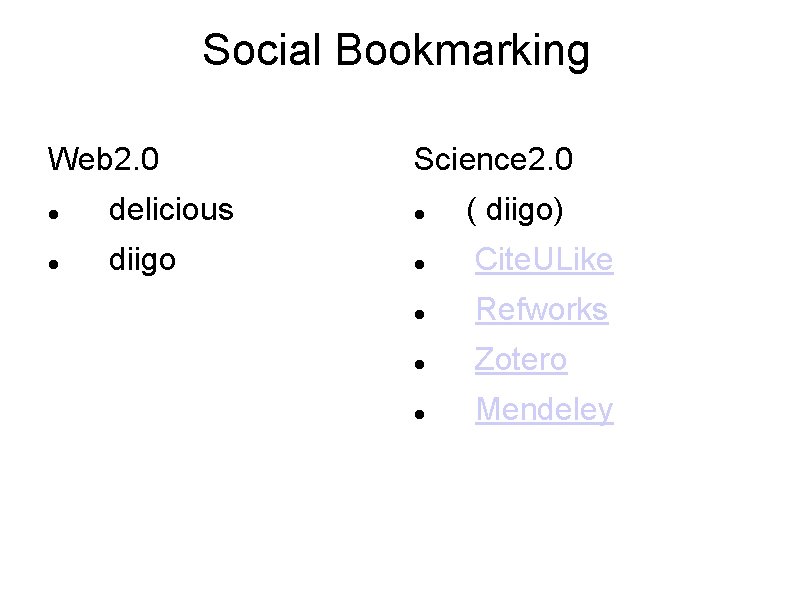 Social Bookmarking Web 2. 0 Science 2. 0 delicious ( diigo) diigo Cite. ULike