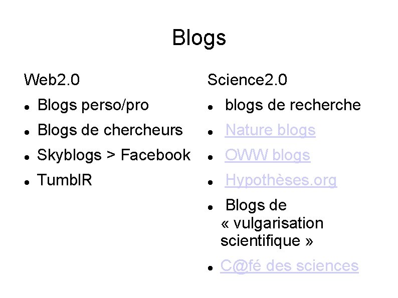 Blogs Web 2. 0 Science 2. 0 Blogs perso/pro blogs de recherche Blogs de