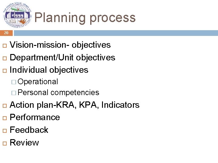 Planning process 20 Vision-mission- objectives Department/Unit objectives Individual objectives � Operational � Personal competencies