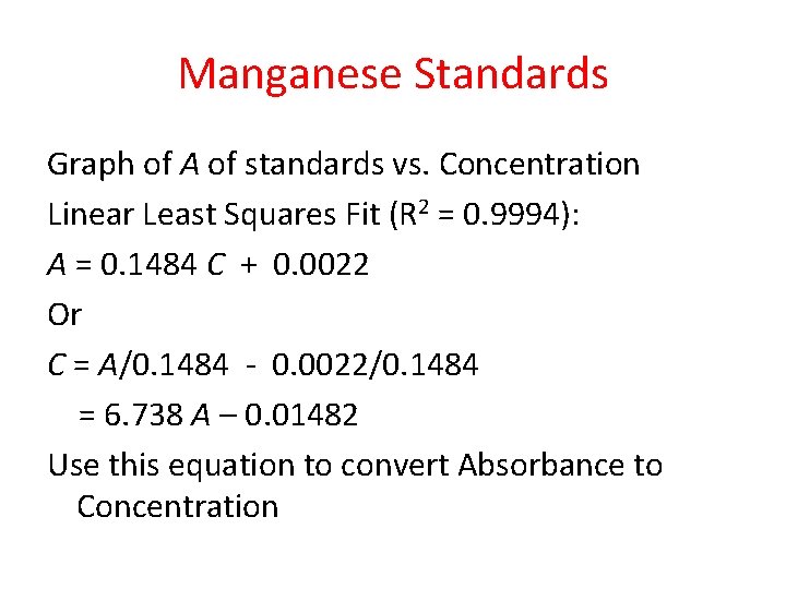 Manganese Standards Graph of A of standards vs. Concentration Linear Least Squares Fit (R