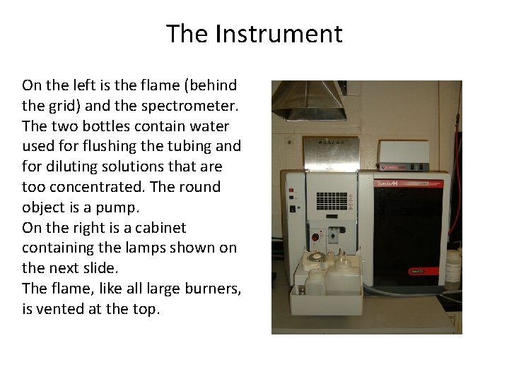 The Instrument On the left is the flame (behind the grid) and the spectrometer.