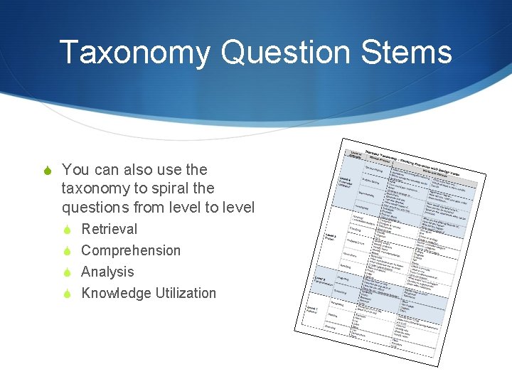 Taxonomy Question Stems S You can also use the taxonomy to spiral the questions