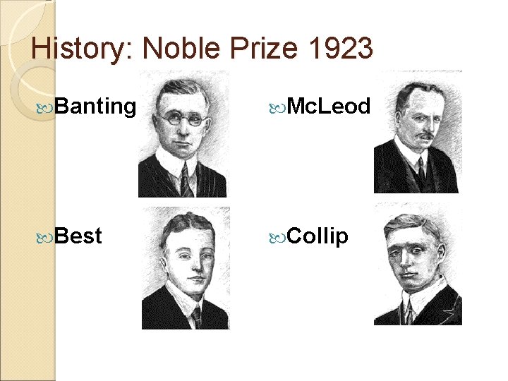 History: Noble Prize 1923 Banting Mc. Leod Best Collip 