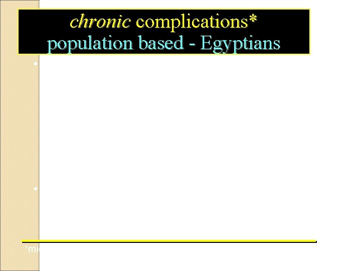 chronic complications* population based - Egyptians • prevalence known D – retinopathy – nephrop.