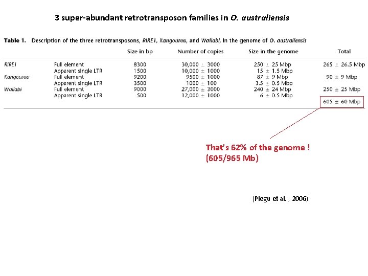 3 super-abundant retrotransposon families in O. australiensis That’s 62% of the genome ! (605/965