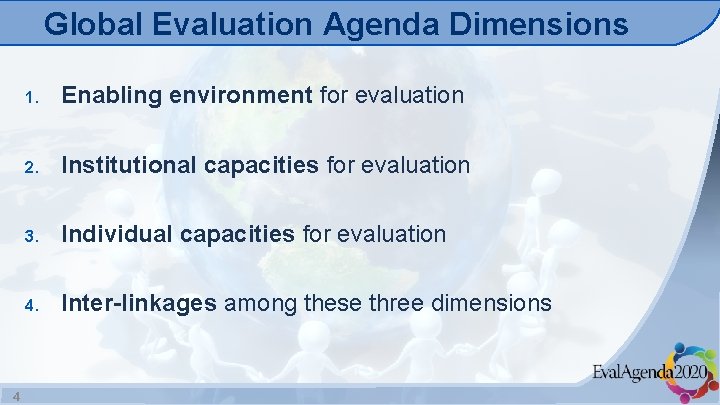 Global Evaluation Agenda Dimensions 4 1. Enabling environment for evaluation 2. Institutional capacities for