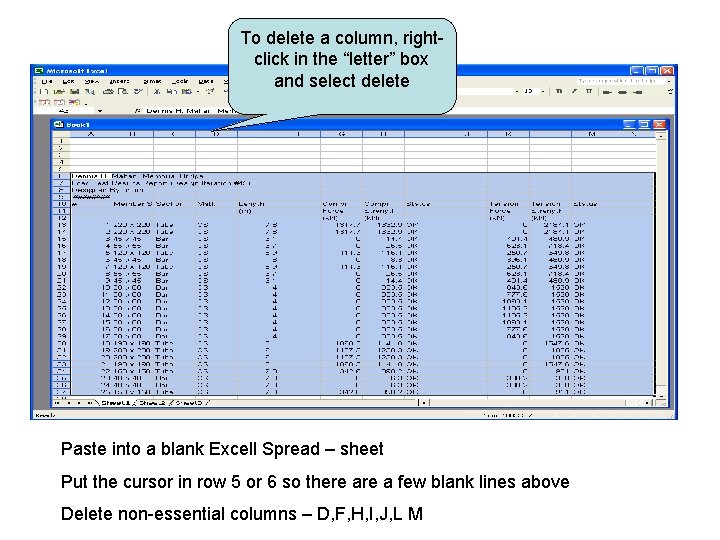 To delete a column, rightclick in the “letter” box and select delete Paste into