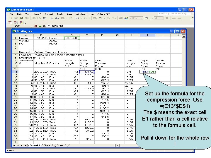 Set up the formula for the compression force. Use =(E 13*$D$1) The $ means