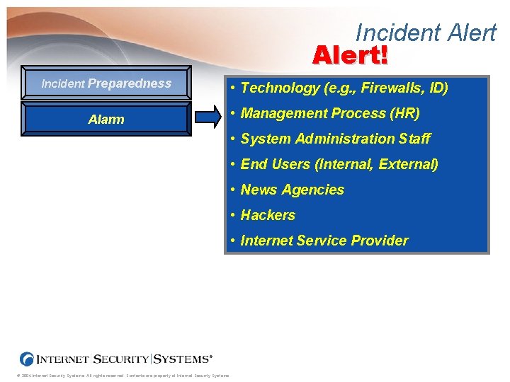 Incident Alert! Incident Preparedness Alarm • Technology (e. g. , Firewalls, ID) • Management