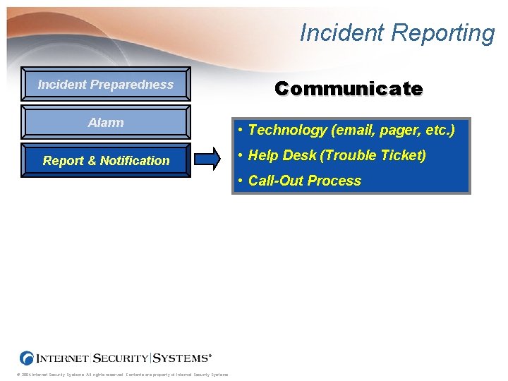 Incident Reporting Incident Preparedness Alarm Report & Notification Communicate • Technology (email, pager, etc.