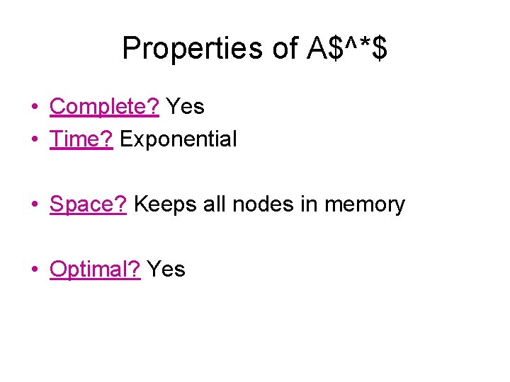 Properties of A$^*$ • Complete? Yes • Time? Exponential • Space? Keeps all nodes