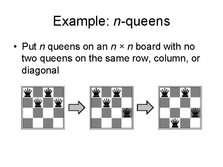 Example: n-queens • Put n queens on an n × n board with no
