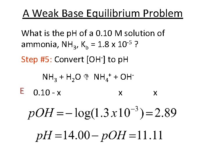 A Weak Base Equilibrium Problem What is the p. H of a 0. 10