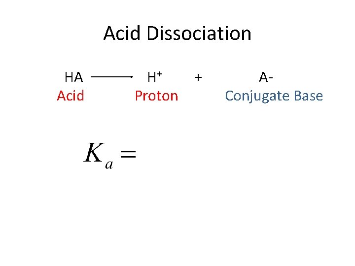 Acid Dissociation HA Acid H+ Proton + AConjugate Base 