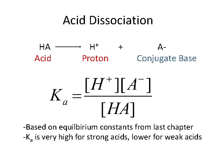 Acid Dissociation HA Acid H+ Proton + AConjugate Base -Based on equilbirium constants from