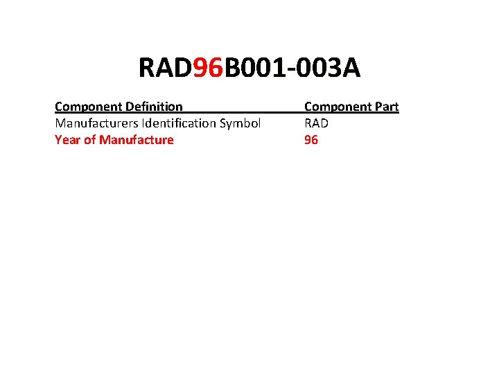 RAD 96 B 001 -003 A Component Definition Manufacturers Identification Symbol Year of Manufacture