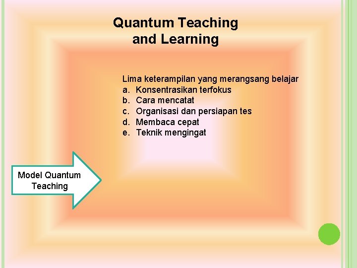 Quantum Teaching and Learning Lima keterampilan yang merangsang belajar a. Konsentrasikan terfokus b. Cara Quantum Teaching and Learning Lima keterampilan yang merangsang belajar a. Konsentrasikan terfokus b. Cara