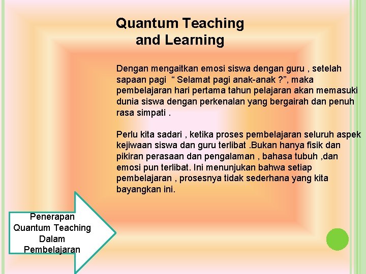 Quantum Teaching and Learning Dengan mengaitkan emosi siswa dengan guru , setelah sapaan pagi Quantum Teaching and Learning Dengan mengaitkan emosi siswa dengan guru , setelah sapaan pagi