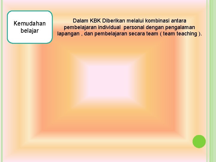 Kemudahan belajar Dalam KBK Diberikan melalui kombinasi antara pembelajaran individual personal dengan pengalaman lapangan Kemudahan belajar Dalam KBK Diberikan melalui kombinasi antara pembelajaran individual personal dengan pengalaman lapangan