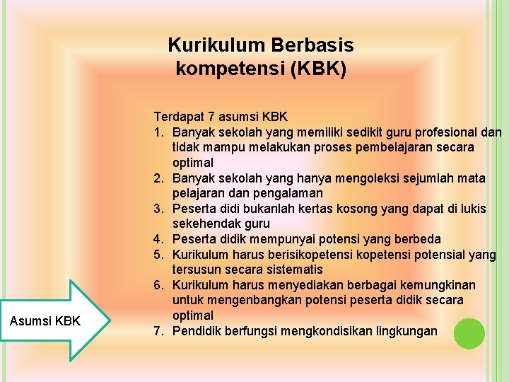 Kurikulum Berbasis kompetensi (KBK) Asumsi KBK Terdapat 7 asumsi KBK 1. Banyak sekolah yang Kurikulum Berbasis kompetensi (KBK) Asumsi KBK Terdapat 7 asumsi KBK 1. Banyak sekolah yang