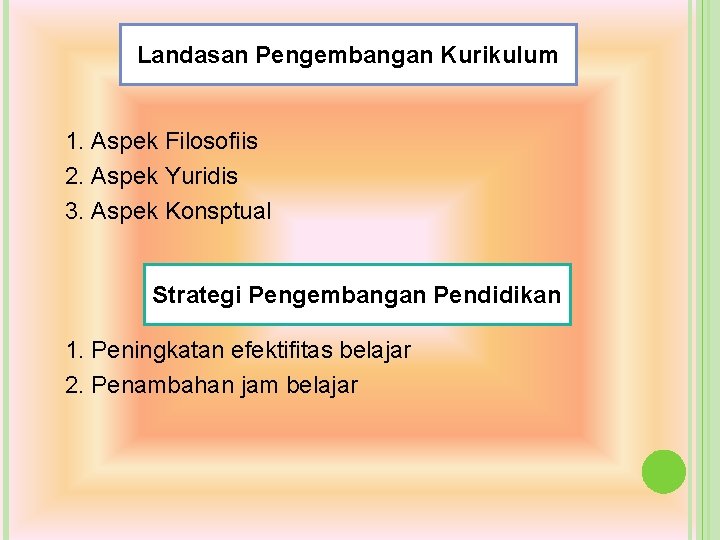 Landasan Pengembangan Kurikulum 1. Aspek Filosofiis 2. Aspek Yuridis 3. Aspek Konsptual Strategi Pengembangan Landasan Pengembangan Kurikulum 1. Aspek Filosofiis 2. Aspek Yuridis 3. Aspek Konsptual Strategi Pengembangan