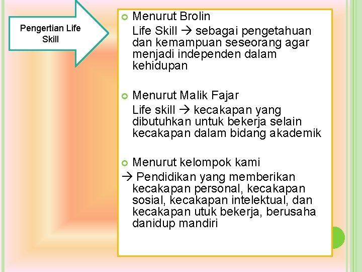 Menurut Brolin Life Skill sebagai pengetahuan dan kemampuan seseorang agar menjadi independen dalam Menurut Brolin Life Skill sebagai pengetahuan dan kemampuan seseorang agar menjadi independen dalam