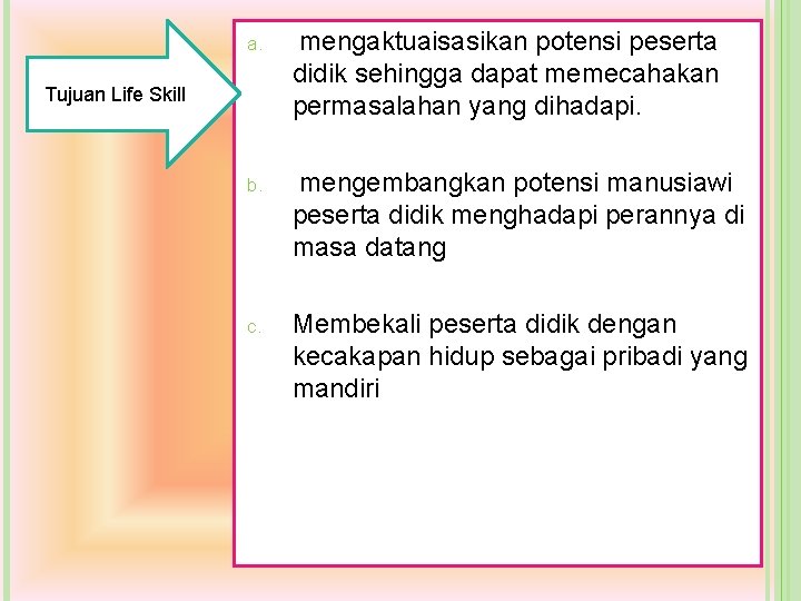 a. mengaktuaisasikan potensi peserta didik sehingga dapat memecahakan permasalahan yang dihadapi. b. mengembangkan potensi a. mengaktuaisasikan potensi peserta didik sehingga dapat memecahakan permasalahan yang dihadapi. b. mengembangkan potensi