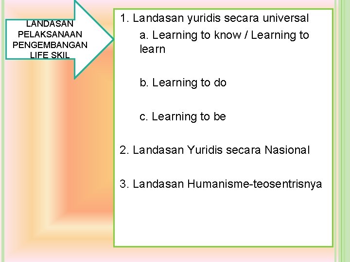LANDASAN PELAKSANAAN PENGEMBANGAN LIFE SKIL 1. Landasan yuridis secara universal a. Learning to know LANDASAN PELAKSANAAN PENGEMBANGAN LIFE SKIL 1. Landasan yuridis secara universal a. Learning to know