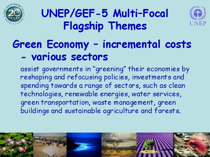 UNEP/GEF-5 Multi–Focal Flagship Themes Green Economy – incremental costs - various sectors assist governments