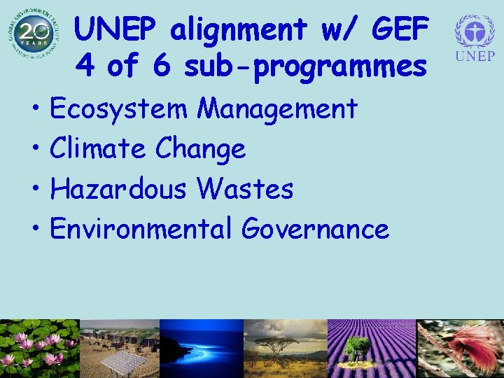 UNEP alignment w/ GEF 4 of 6 sub-programmes • Ecosystem Management • Climate Change