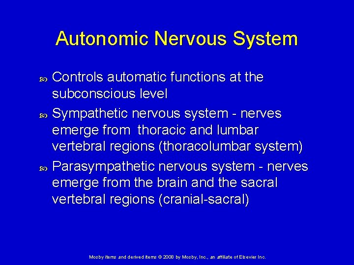 Autonomic Nervous System Controls automatic functions at the subconscious level Sympathetic nervous system -