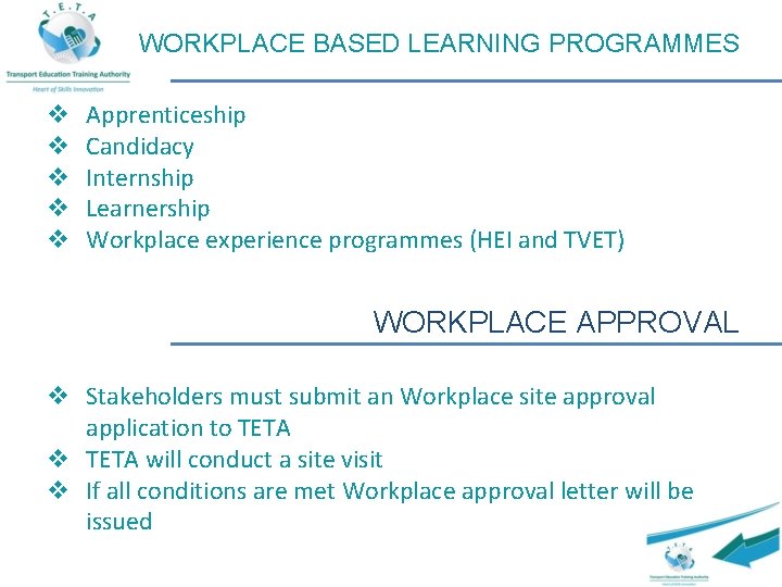 WORKPLACE BASED LEARNING PROGRAMMES v v v Apprenticeship Candidacy Internship Learnership Workplace experience programmes