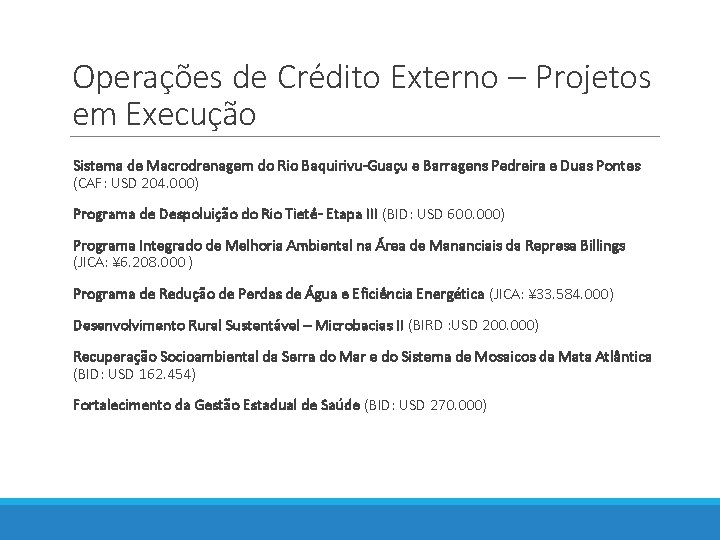 Operações de Crédito Externo – Projetos em Execução Sistema de Macrodrenagem do Rio Baquirivu-Guaçu