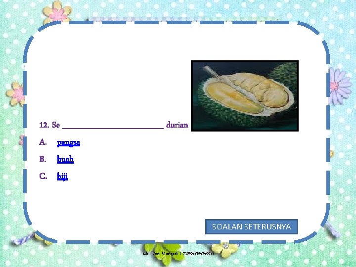 12. Se _________ durian A. pangsa B. buah C. biji SOALAN SETERUSNYA Edah Binti